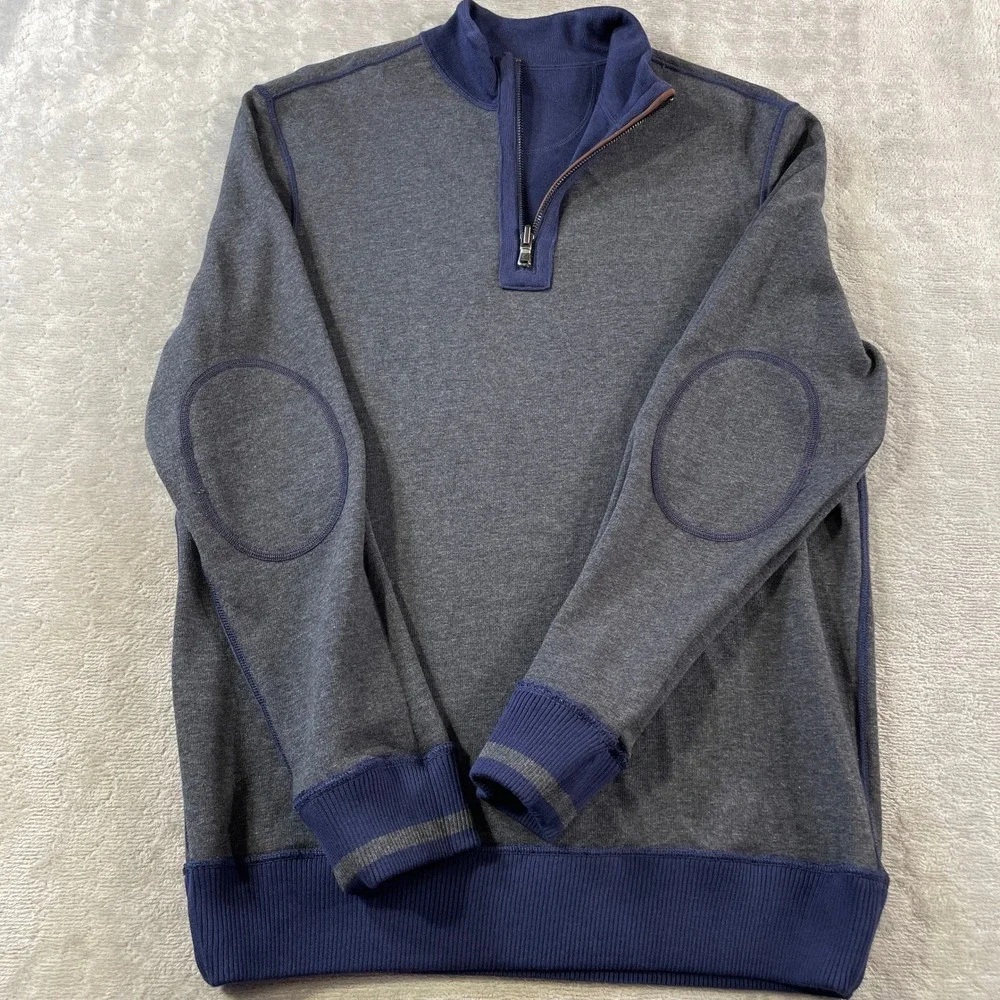 Cremieux Reversible Quarter Zip Pullover Mens Medium Blue Elbow Patches Office